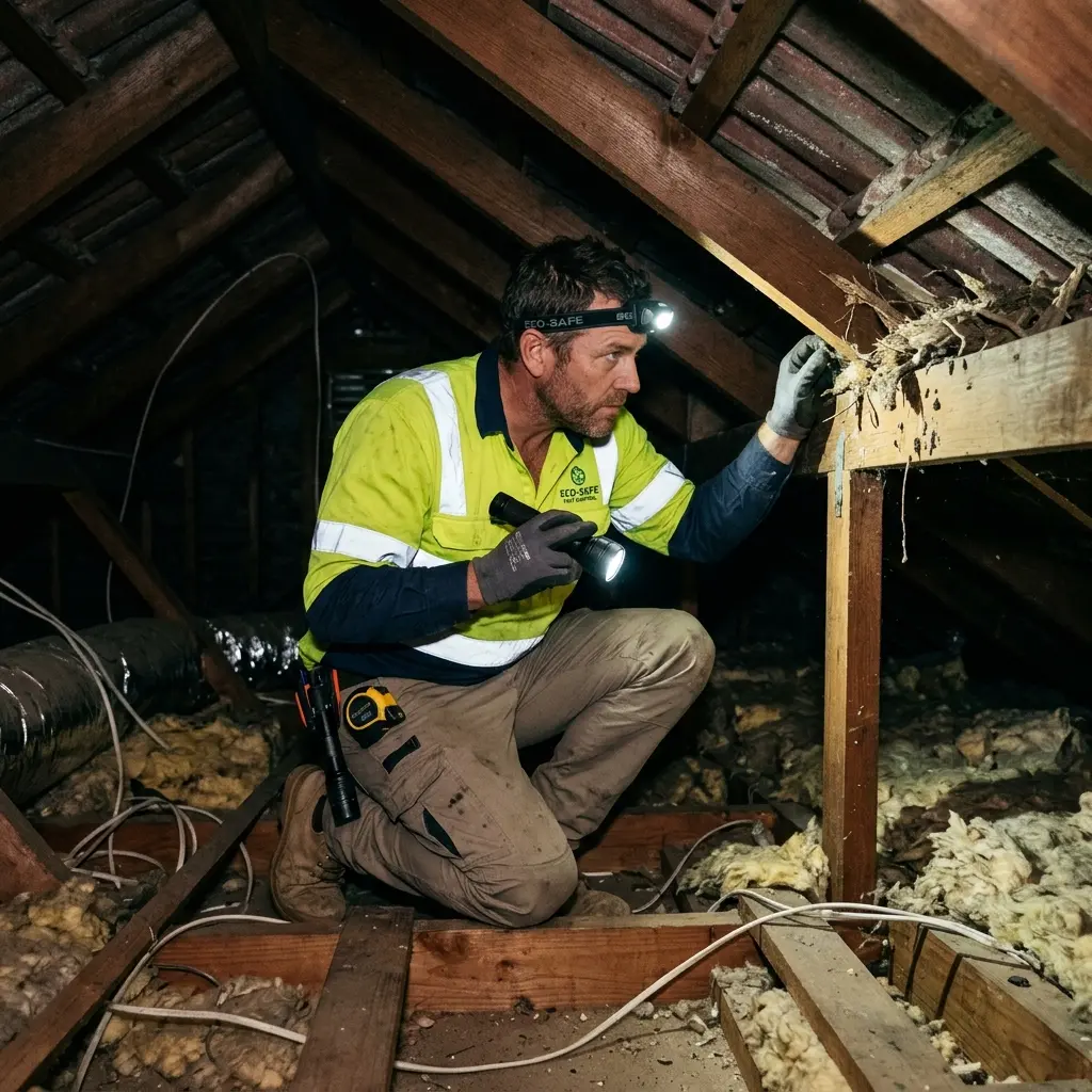 Technician inspecting a roof cavity for a dead animal in Fawkner