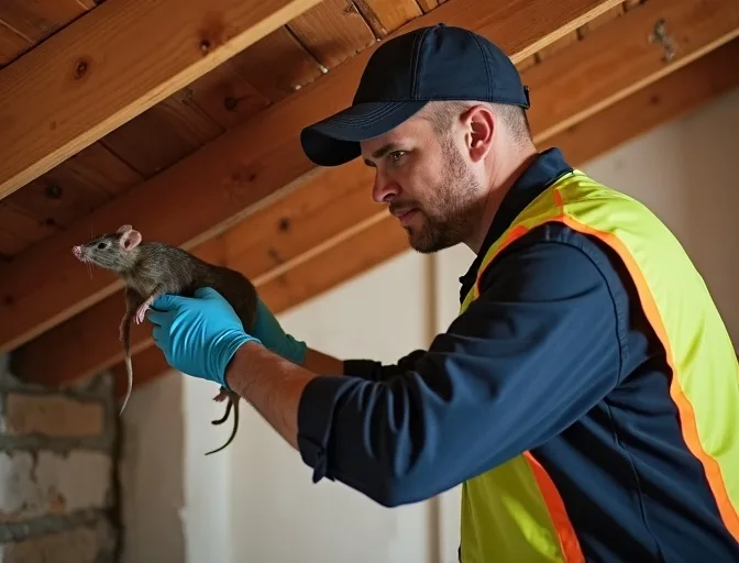 Technician inspecting a roof cavity for a dead rat in Fawkner